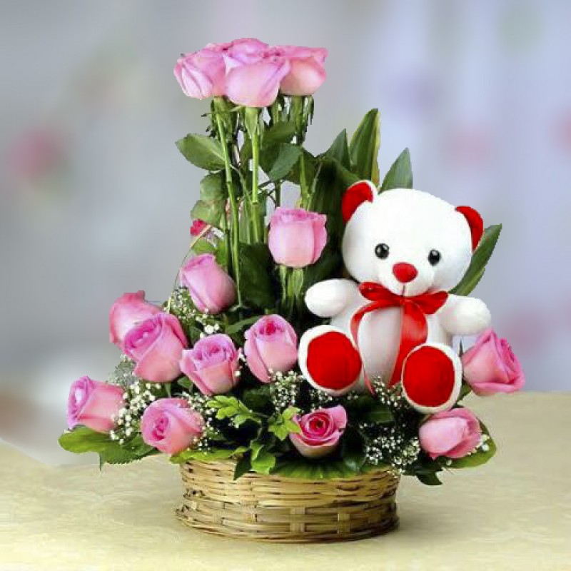 send Pink Roses Bouquet N Cute Teddy delivery